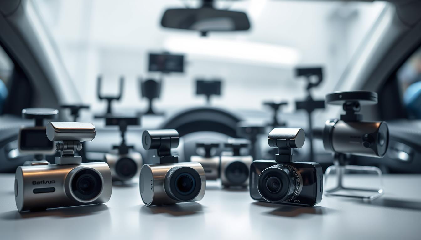 Dashcam kaufen – Vergleich moderner Autokameras Mehrere moderne Dashcam-Modelle im direkten Vergleich im Auto-Innenraum