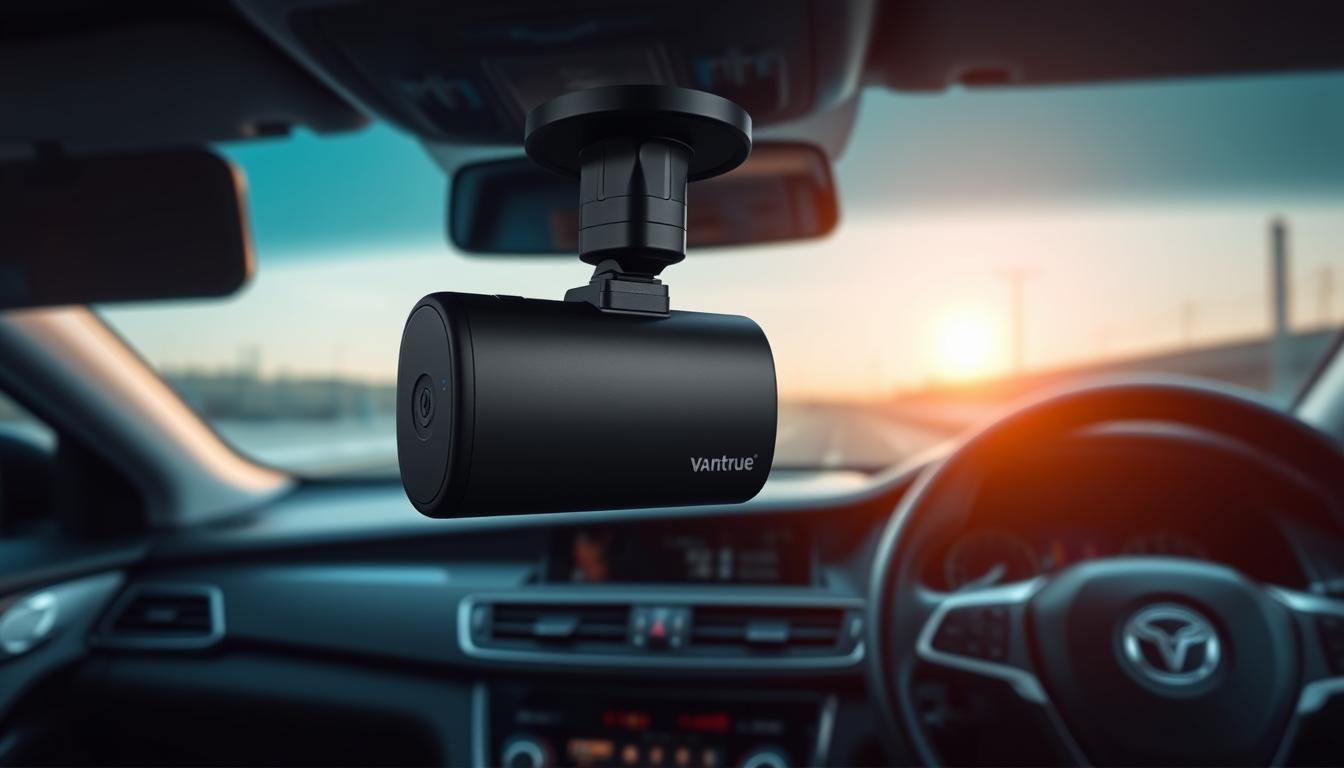 Vantrue N4 Pro – 3-Kanal Dashcam im Einsatz Vantrue N4 Pro Dashcam installiert im Auto bei Sonnenuntergang