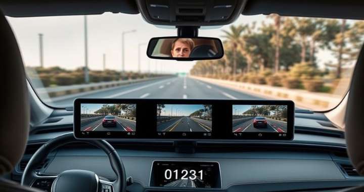 Fahrzeug-Cockpit mit eingebautem Display für 3-Kanal-Dashcam und Rundumsicht
