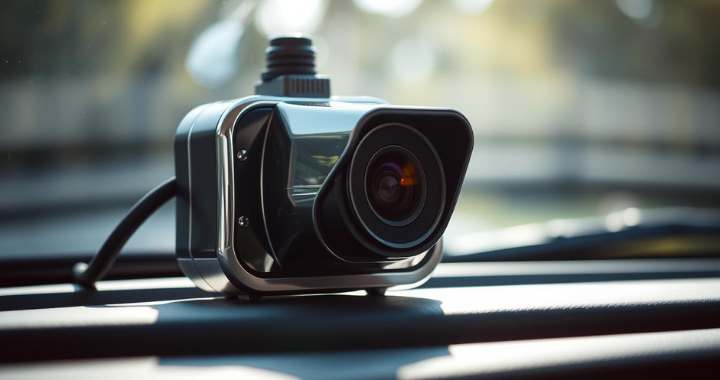 Moderne 4K Dashcam mit großem Objektiv auf einem Auto-Armaturenbrett montiert