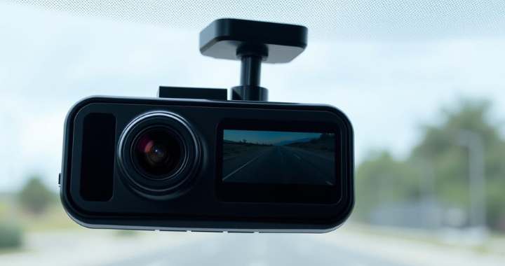 Moderne 4K Dashcam mit integriertem Display, montiert an der Windschutzscheibe eines Fahrzeugs