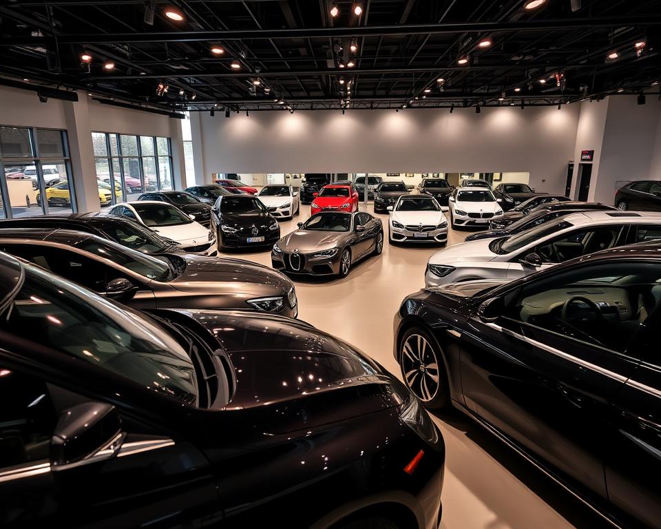 Moderner Showroom mit Neuwagen verschiedener Marken in einem Autohaus