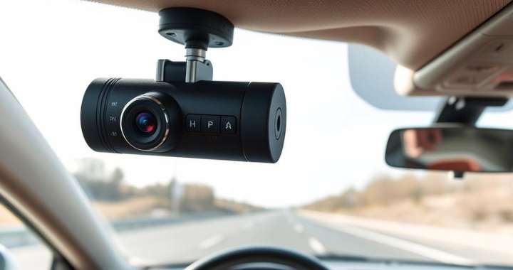 Dashcam Rundumsicht an der Windschutzscheibe montiert – Blick auf die Straße