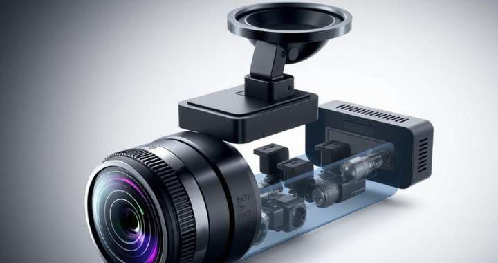 Dashcam Rundumsicht und 3-Kanal-Technologie im technischen Querschnitt dargestellt