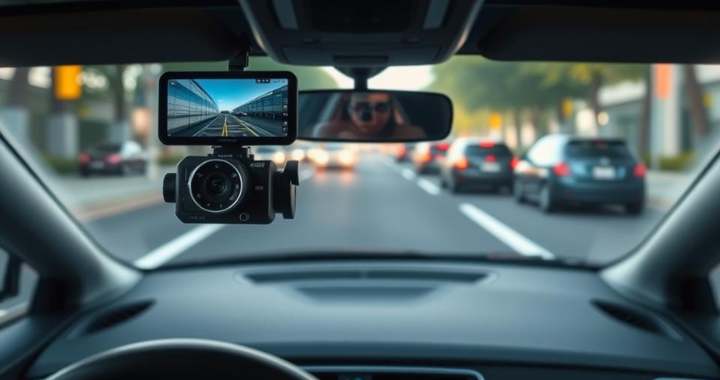 Installierte Dual Dashcam bei der Fahrt durch die Stadt, Blick durch die Frontscheibe