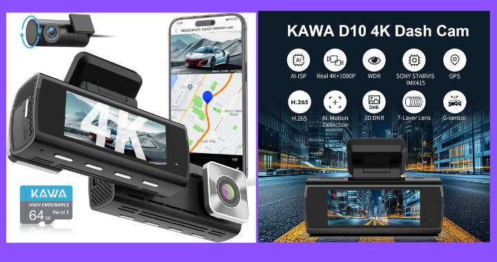 KAWA D10 4K Dashcam mit Rückkamera, App-Anbindung und technischen Features wie GPS, G-Sensor, WDR und Sony STARVIS-Sensor