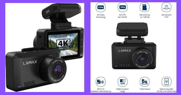 LAMAX T10 Dashcam mit Anzeige der technischen Features wie 4K-Auflösung, GPS, Parkmodus und App-Steuerung