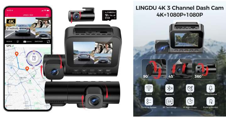 LINGDU V630 Dashcam mit 3-Kanal-Aufnahme und 4K Frontkamera