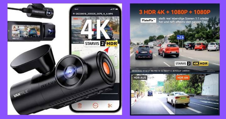 VANTRUE N4 Pro 3-Kanal Dashcam mit 4K, STARVIS 2 Sensor, HDR-Funktion und Vergleichsansicht Tag/Nacht