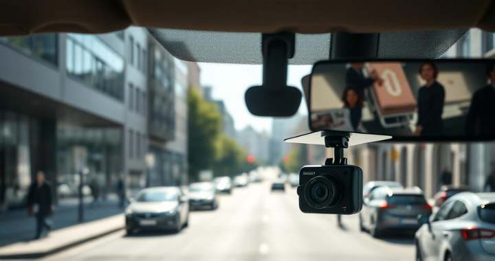 Dashcam auf der Windschutzscheibe während der Fahrt im städtischen Verkehr